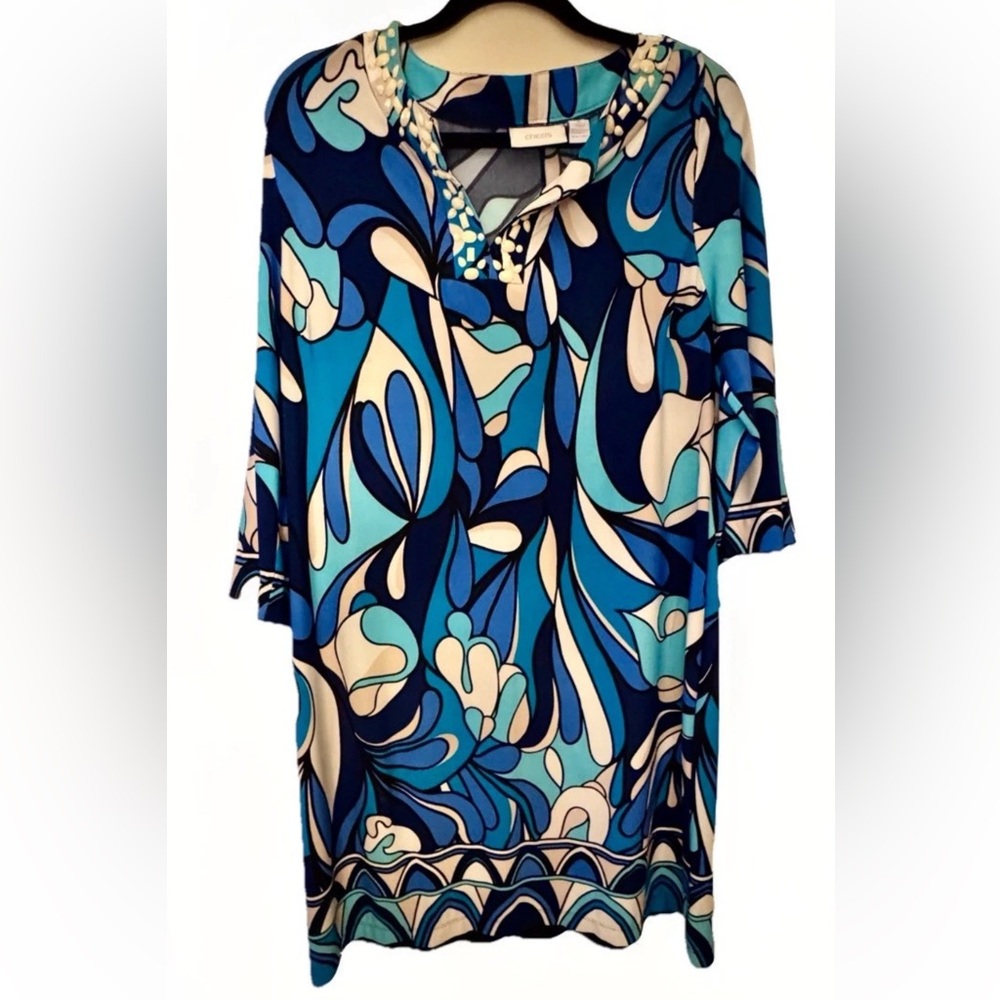 🩵CHICO’S🩵 60’S PSYCHEDELIC BEADED NECK LINE 3/4 SLEEVE SHIFT DRESS